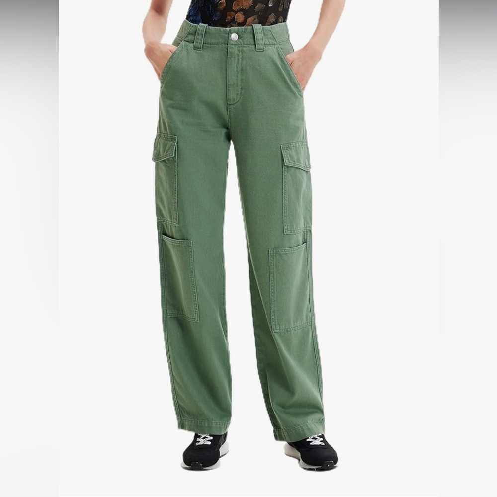 Desigual Green Cargo Trousers High Rise Wide Leg Pant EU 40 Fit Medium/ Size 8